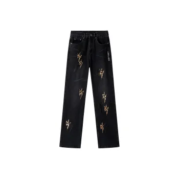 BLANC & ECLARE Mid Rise Casual Comfortable Jeans Unisex Black Leopard Print