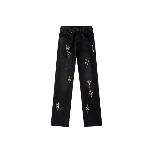 BLANC & ECLARE Mid Rise Casual Comfortable Jeans Unisex Black Leopard Print