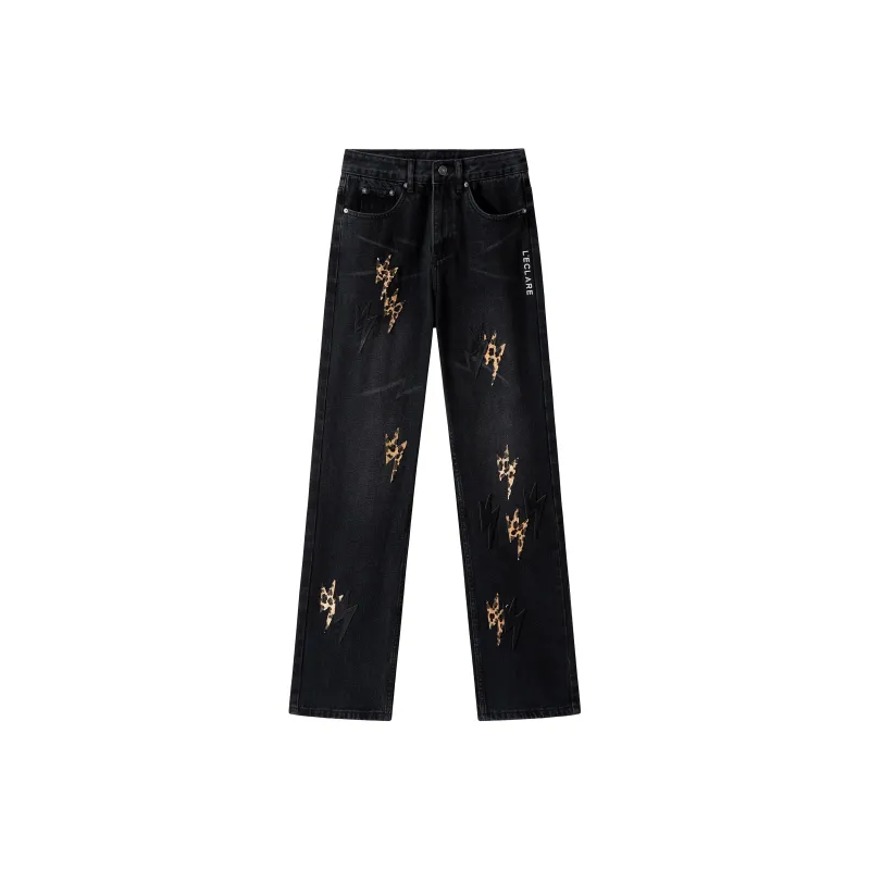 BLANC & ECLARE Mid Rise Casual Comfortable Jeans Unisex Black Leopard Print-0