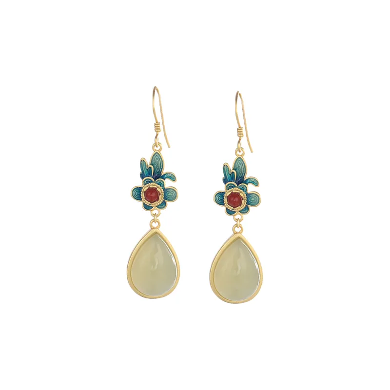 Fu Ru Ji Hetian Jade Earrings Pale Greenish White Jade Women's-0