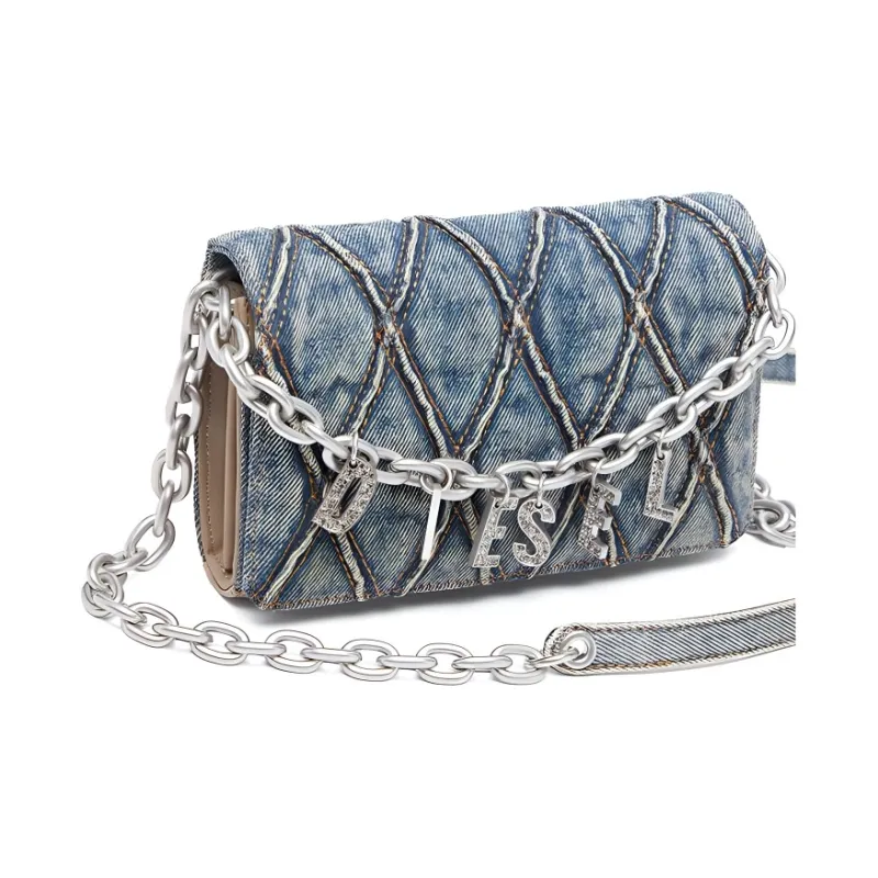 DIESEL Fabric, Synthetic Leather Hobo Bag, Crossbody Bag, Shoulder Bag Small Size Women's Denim Blue-3