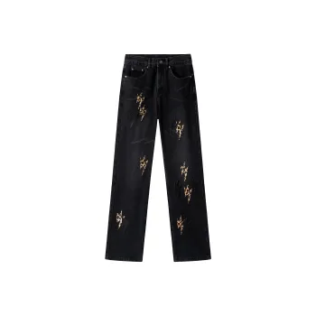 BLANC & ECLARE Casual Height Increasing Draped Luxury Streetwear Mid-Rise Jeans Unisex Black-Leopard Print