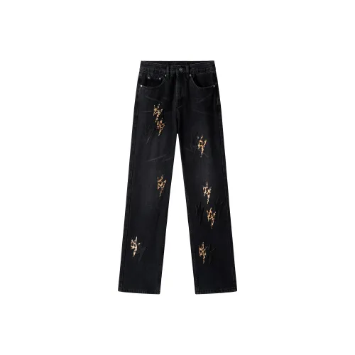 BLANC & ECLARE Cool Casual Height Increasing Draped Luxury Streetwear Mid Rise Jeans Unisex Black Leopard Print
