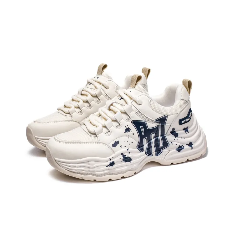 Pnj Slip Resistant, Abrasion Resistant, Breathable, Height Increasing Low Top Chunky Sneakers Unisex Beige Dark Blue-1