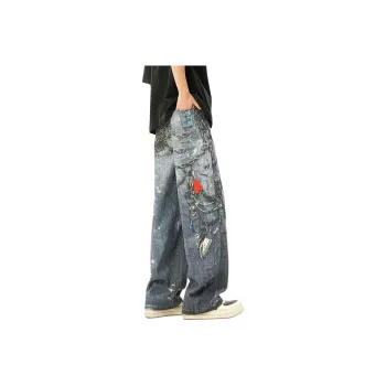 HSWLD Clean Fit Chinese Fashion Trend Vintage Straight Fit Wide Leg Bootcut Pants Jeans Unisex Blue