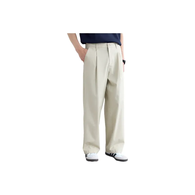 A.B.X Semi Elastic Waistband Single Pleat Slant Slip Pocket Invisible Zipper Pocket Straight Fit Casual Pants Men's-6