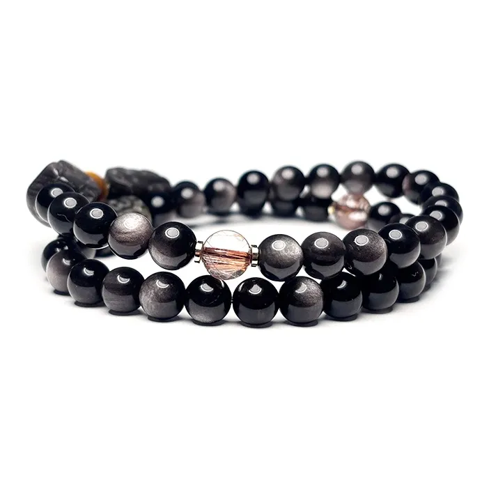 MOUNTAINS AND MANS Natural Obsidian New Chinese Style Stackable Good Luck Beaded Bracelet Unisex-2