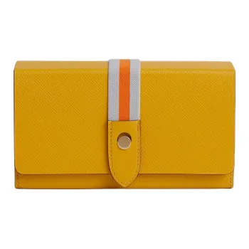HERMES Calfskin With Crocodile Leather Clutch Women's Yellow Stripes