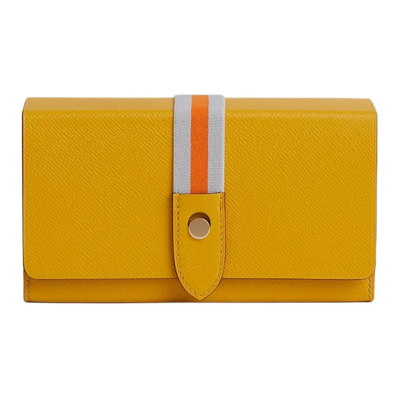 HERMES Calfskin With Crocodile Leather Clutch Women's Yellow Stripes-0