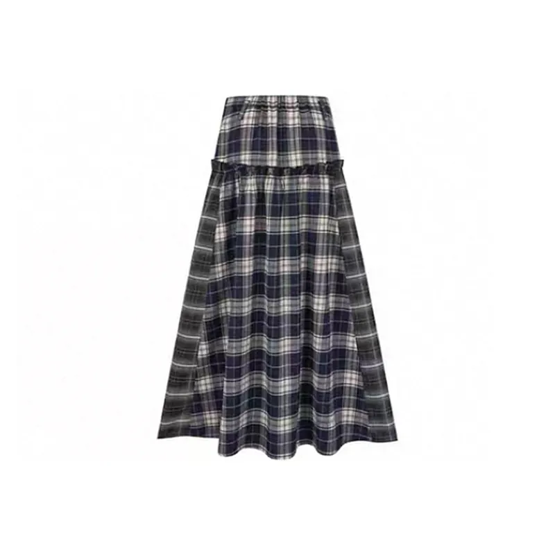 KODAKBLACK/KBLC Casual Long Skirt Women's Dark Blue Plaid-1