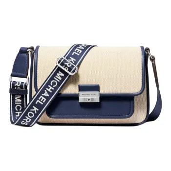 MICHAEL KORS Bradshaw Fabric Crossbody Bag, Shoulder Bag Medium Size Women's Beige & Marine Blue