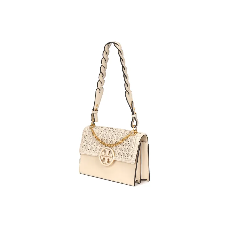 TORY BURCH Miller Leather Paneled Canvas Handbag, Shoulder Bag, Crossbody Bag Trumpets Women's Cheese White-1