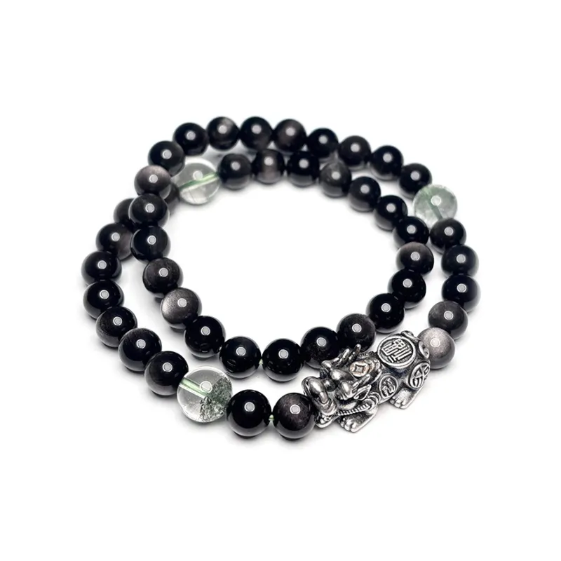 MOUNTAINS AND MANS Natural Obsidian New Chinese Style Stackable Good Luck Beaded Bracelet Unisex-3