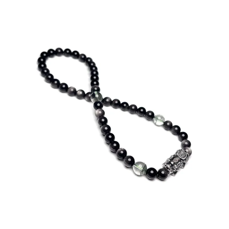 MOUNTAINS AND MANS Natural Obsidian New Chinese Style Stackable Good Luck Beaded Bracelet Unisex-4