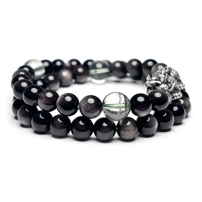 MOUNTAINS AND MANS Natural Obsidian New Chinese Style Stackable Good Luck Beaded Bracelet Unisex-1