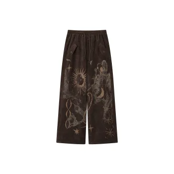WULISHAONIAN Vintage Print Loose Fit Casual Pants For Spring And Summer Breathable Pants Unisex Hazelnut Brown