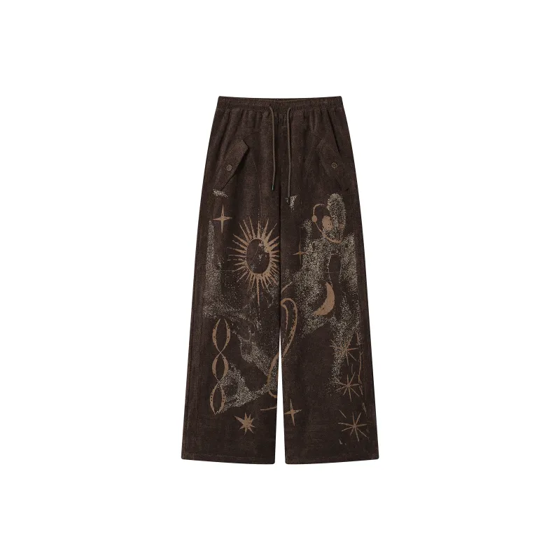 WULISHAONIAN Vintage Print Loose Fit Casual Pants For Spring And Summer Breathable Pants Unisex Hazelnut Brown-0