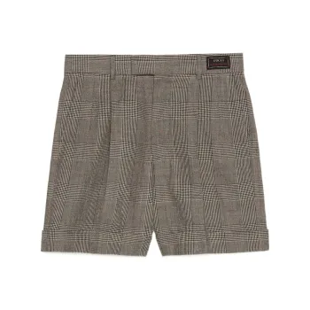GUCCI Cuffed Houndstooth Plaid Shorts Grey/Beige