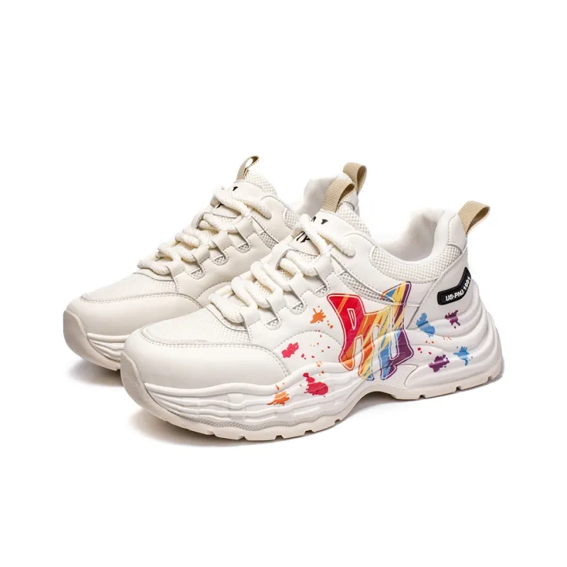 Pnj Slip Resistant, Abrasion Resistant, Breathable, Height Increasing Low Top Chunky Sneakers Unisex Beige Multicolor-1