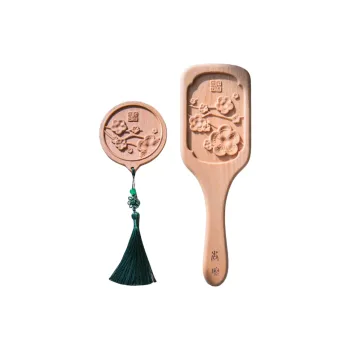Zhou Guangsheng Beech Wood Apricot Altar Comb & Mirror Set Portable Hair Care