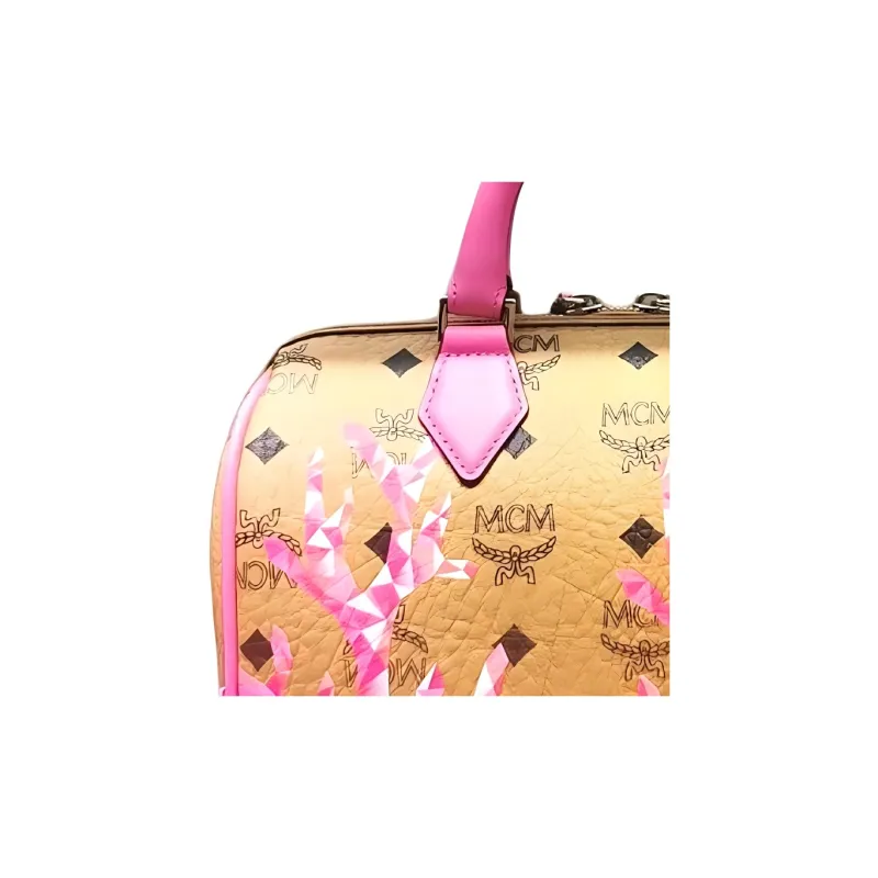 MCM Classic Pattern Artificial Leather Boston Bag, Shoulder Bag, Crossbody Bag, Handbag Small Size Women's Pink-1