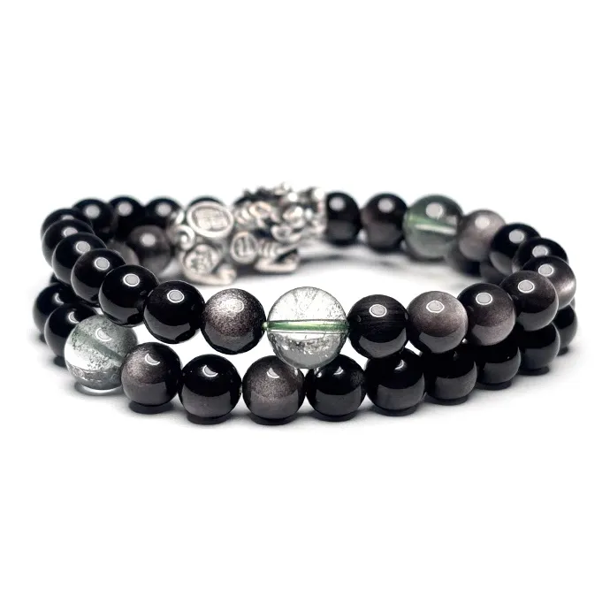 MOUNTAINS AND MANS Natural Obsidian New Chinese Style Stackable Good Luck Beaded Bracelet Unisex-2