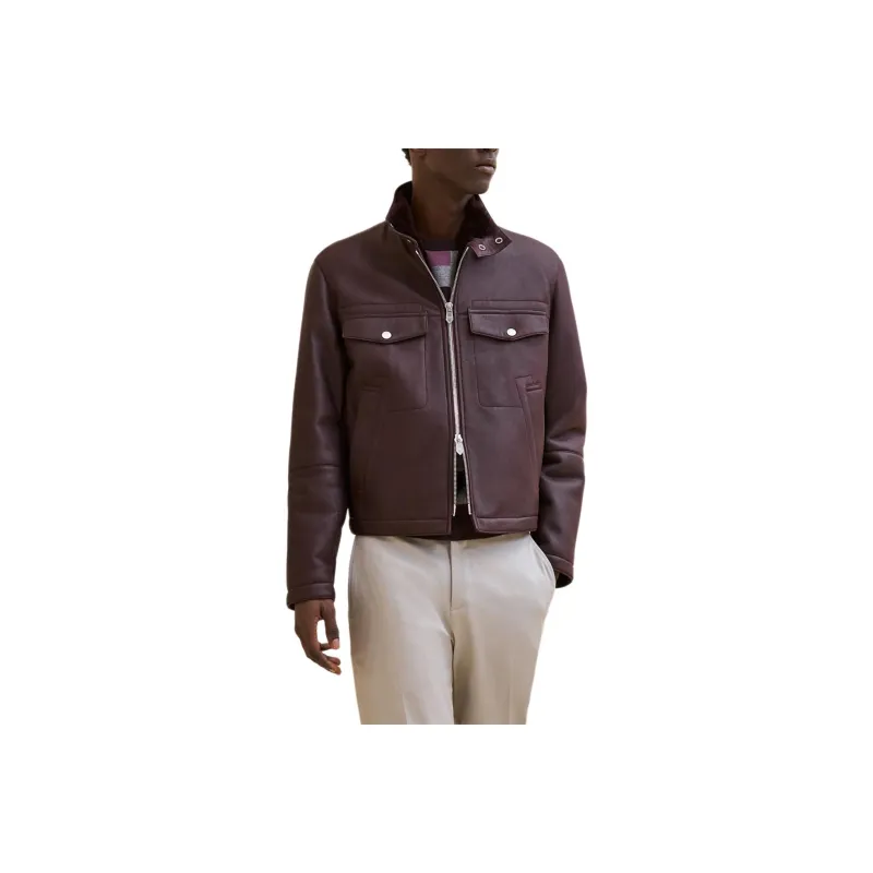 HERMES Leather Jacket Men's Red Brown-0