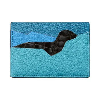 HERMES HISTOIRE NATURELLE Calfskin With Goatskin And Crocodile Leather Card Holder Men's Blue & Black