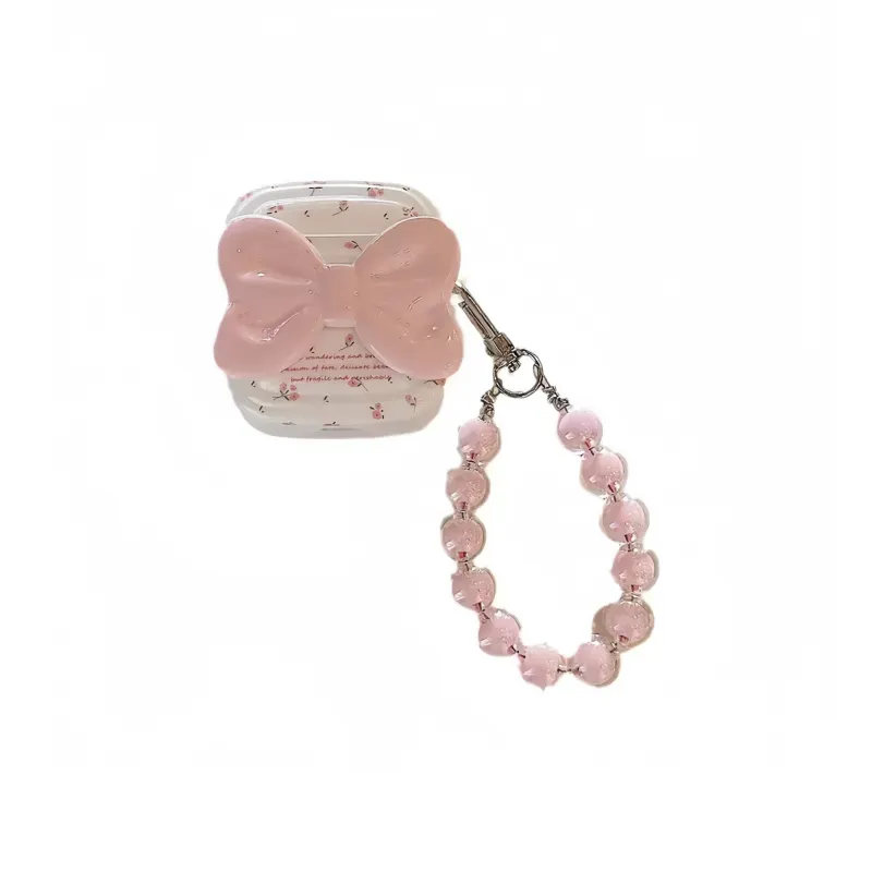 Beams Compatibility Airpods4/3/Pro/Pro2 Silicone Ins Cute Girlish 3D Effect Pink Bowknot Floral Chain Headphone Cases-0