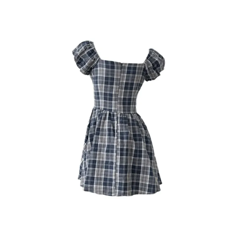 BEAUTIFUL CONFESSION Short Sleeved Dress Women's Blue Plaid-1