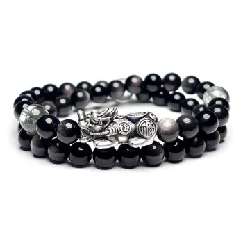 MOUNTAINS AND MANS Natural Obsidian New Chinese Style Stackable Good Luck Beaded Bracelet Unisex