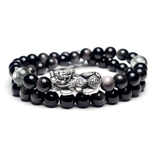 MOUNTAINS AND MANS Natural Obsidian New Chinese Style Stackable Good Luck Beaded Bracelet Unisex
