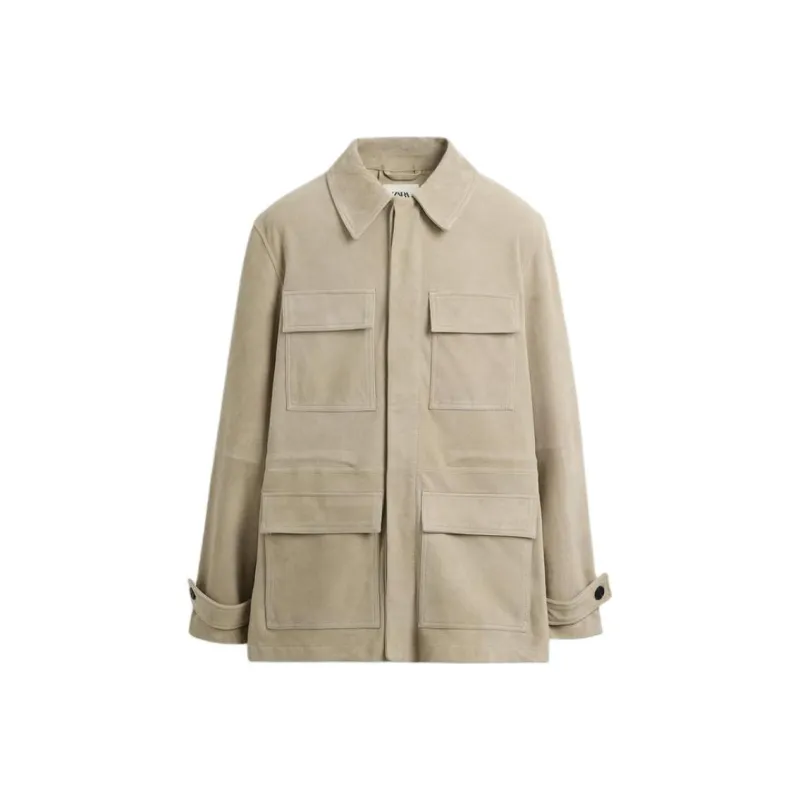 ZARA Leather Jacket Men's Beige-0