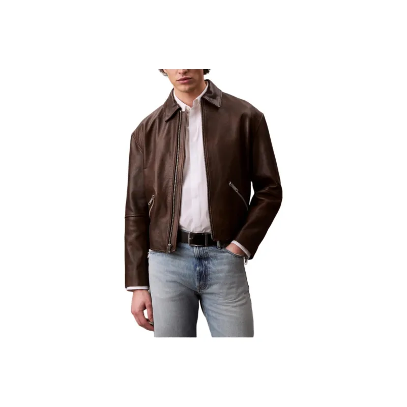 CALVIN KLEIN Leather Jacket Men's Dull Umber-0