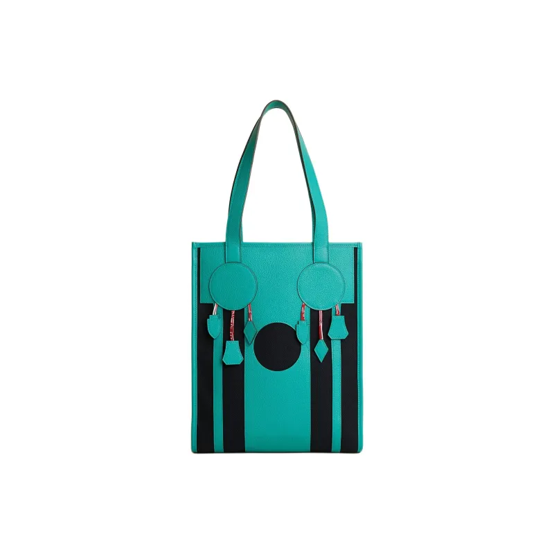 HERMES Dream Catcher Leather Paneled Canvas Tote Bag, Shopping Bag, Handbag, Shoulder Bag Women's Blue Green-0