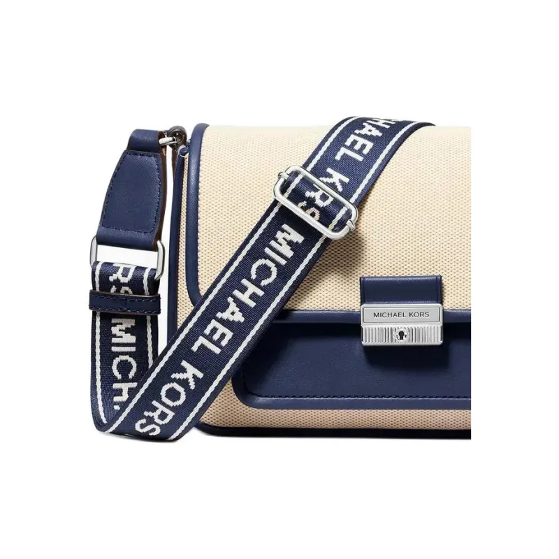 MICHAEL KORS Bradshaw Fabric Crossbody Bag, Shoulder Bag Medium Size Women's Beige & Marine Blue-3