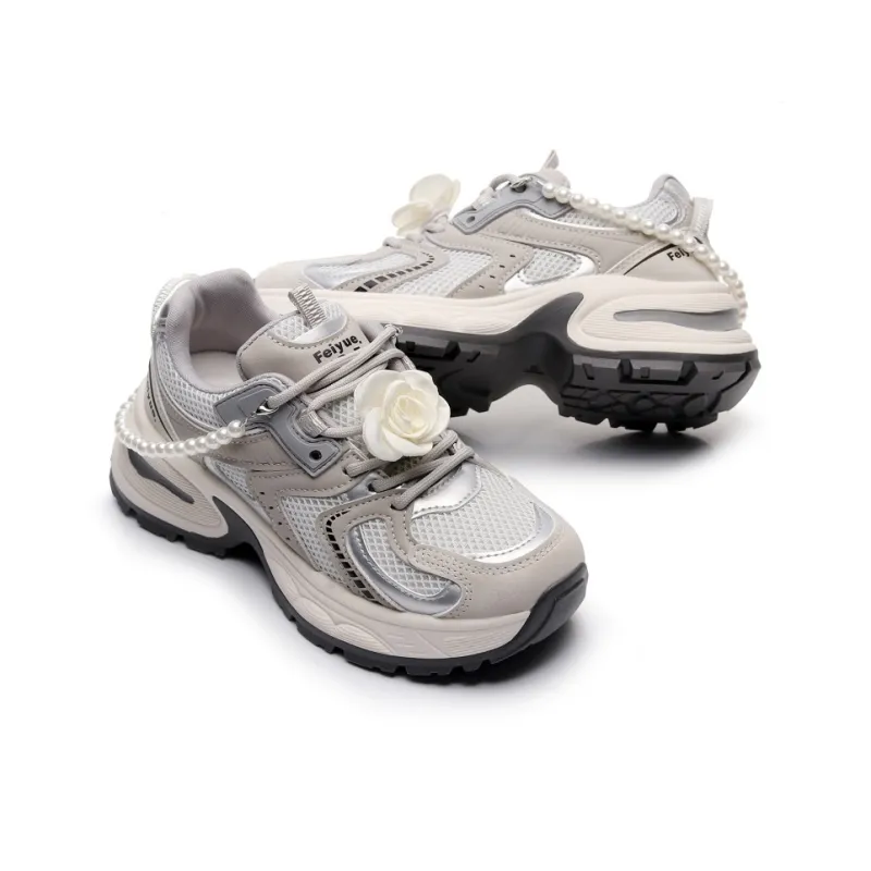 Feiyue Girly Heart Series Abrasion Resistant Breathable Height Increasing Low Top Chunky Sneakers Women's Silver-4