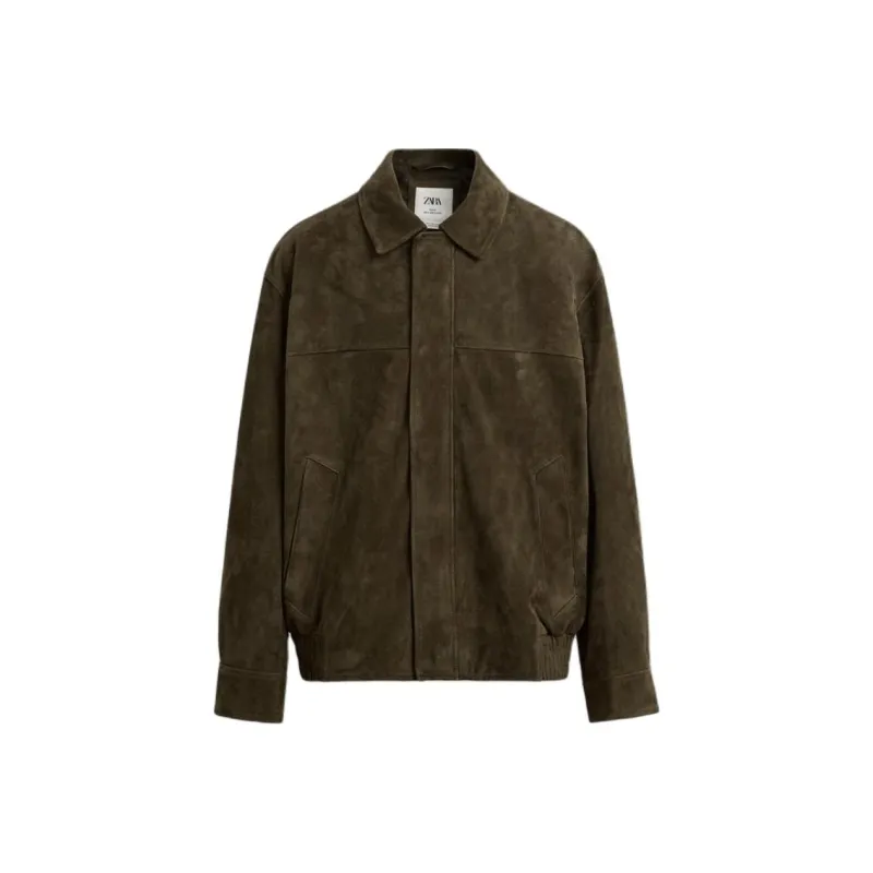 ZARA Leather Jacket Men's Olive Green-0