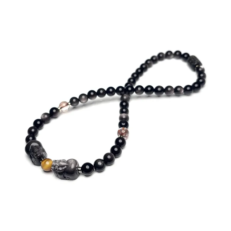 MOUNTAINS AND MANS Natural Obsidian New Chinese Style Stackable Good Luck Beaded Bracelet Unisex-4