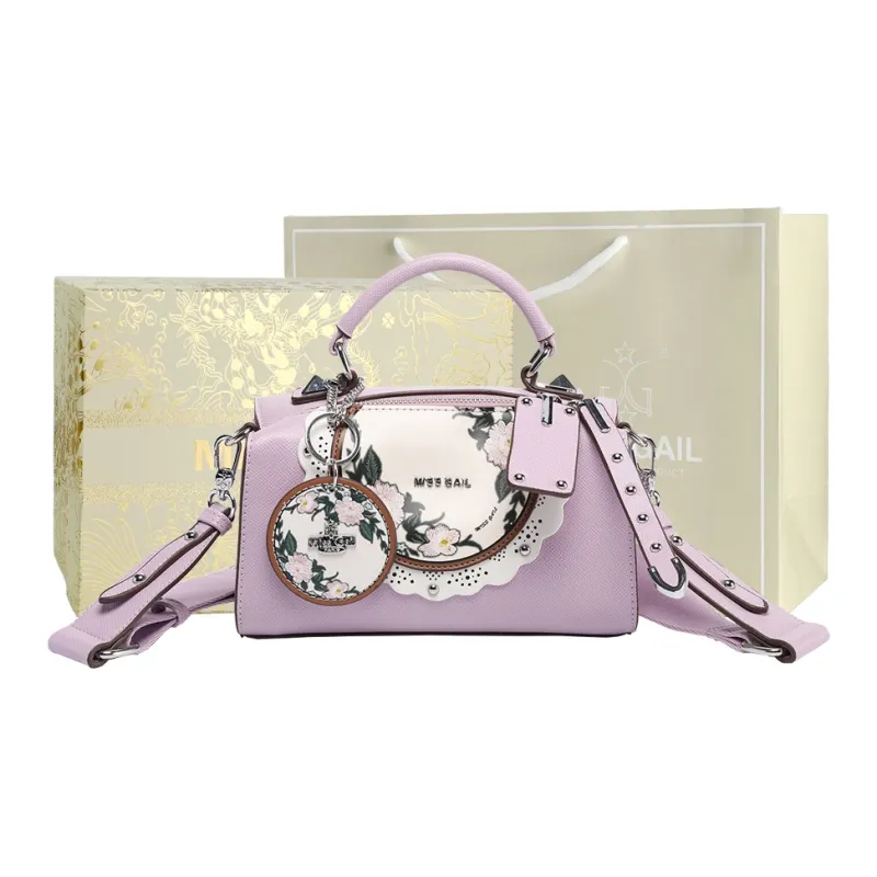 MISS GAIL Synthetic Leather Handbag Regular Women's Cross Grain Green/Cross Grain Purple-19