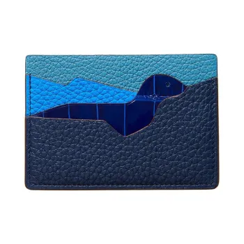 HERMES HISTOIRE NATURELLE Calfskin With Goatskin And Crocodile Leather Card Holder Men's Dark Blue & Lake Blue