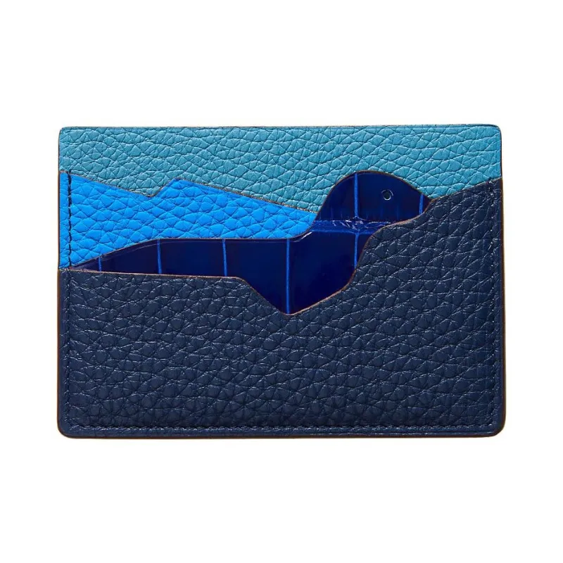 HERMES HISTOIRE NATURELLE Calfskin With Goatskin And Crocodile Leather Card Holder Men's Dark Blue & Lake Blue-0