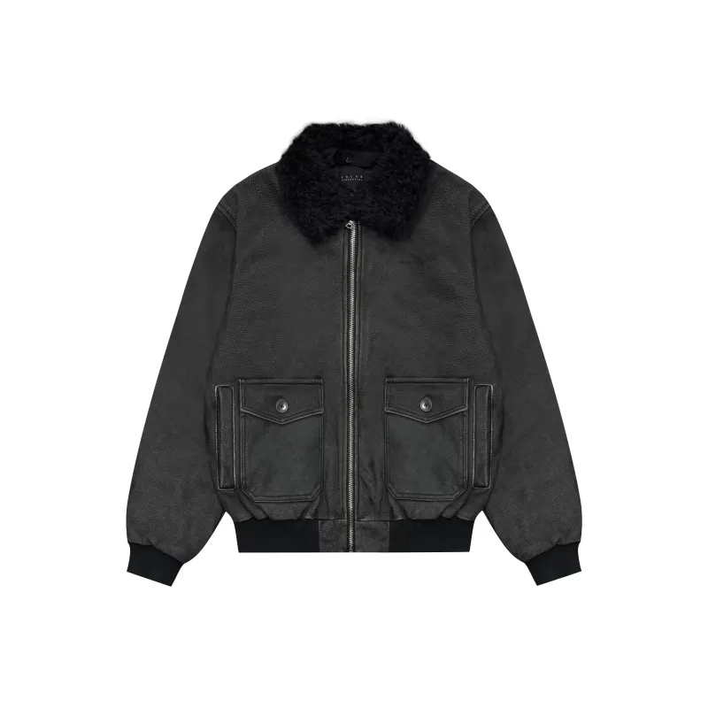 False Perception Leather Jacket Unisex Washed Black-0