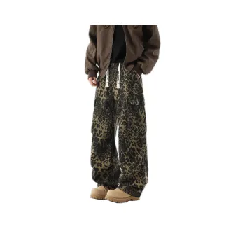 RICE NINE TEN Jeans Unisex Leopard Print Coffee