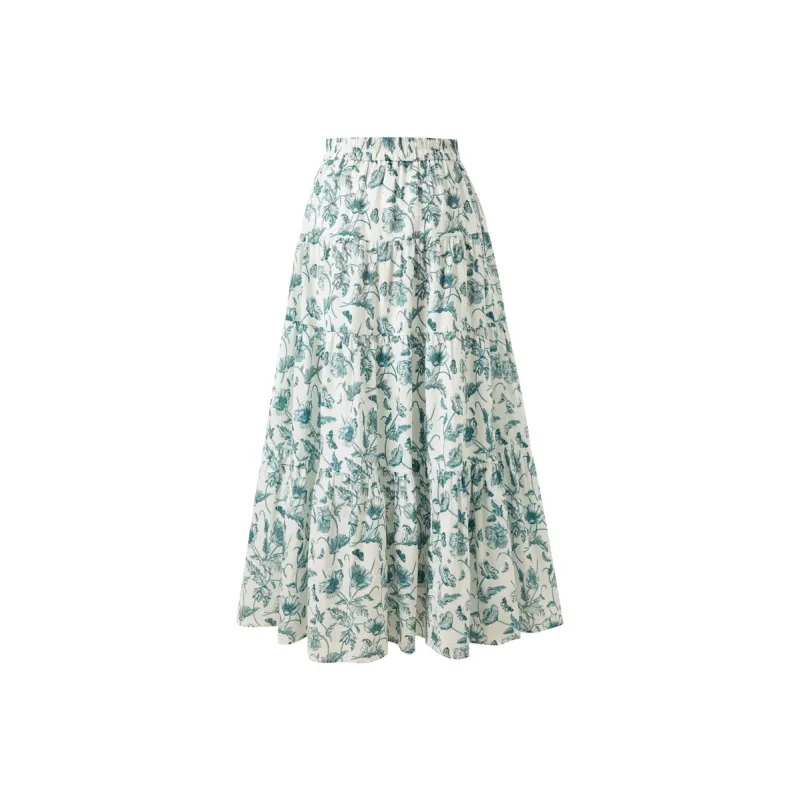 3COLOUR Casual Long Skirt Women's Green Beige Floral-1
