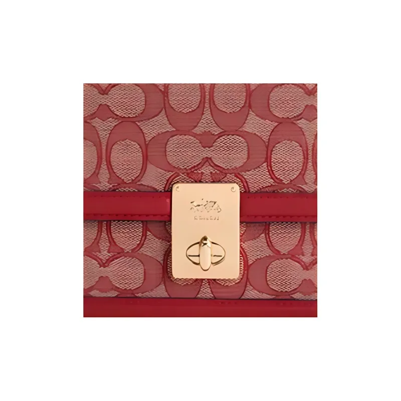 COACH Hutton Cow Leather Small Square Bag Chain Bag Portable Crossbody Bag Shoulder Bag Small Size Women's Ruby Color-4