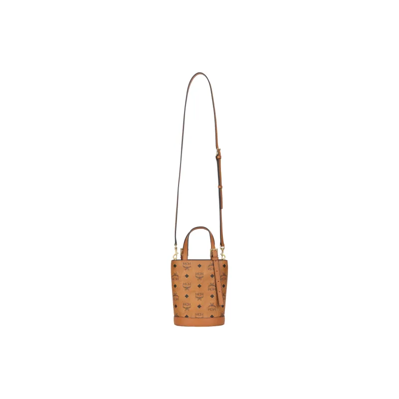 MCM Artificial Leather, Cow Leather Tote Bucket Bag, One Shoulder Handbag Mini Unisex Cognac Brown-3