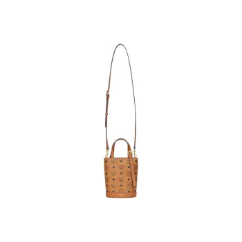 MCM Artificial Leather, Cow Leather Tote Bucket Bag, One Shoulder Handbag Mini Unisex Cognac Brown