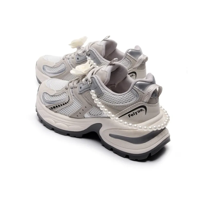 Feiyue Girly Heart Series Abrasion Resistant Breathable Height Increasing Low Top Chunky Sneakers Women's Silver-3