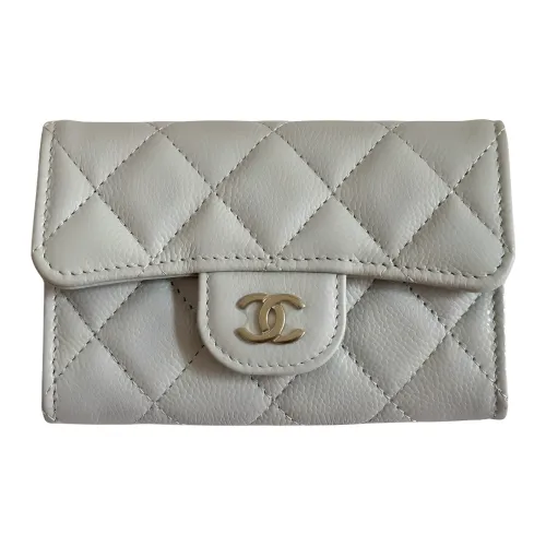 CHANEL Calfskin Card Clip Card Holder Women's Light Lime Gray